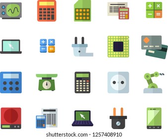 Color flat icon set calculator flat vector, weighing machine, socket, plug, SIM card, credit, laptop, cpu, oscilloscope, industrial robot, mobile