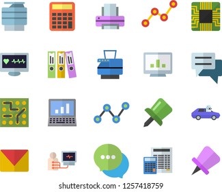 Color flat icon set calculator flat vector, autopilot, motherboard, scatter chart, chat, computer diagnostics of health, drawing pin, folder, printer, copy machine, mail, electronic circuit