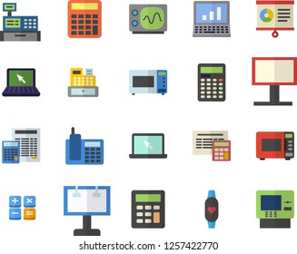 Color flat icon set calculator flat vector, microwave, billboard, cash machine, chart, telephone, laptop, computer, oscilloscope, fitness bracelet, dispenser fector