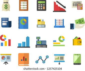 Color flat icon set calculator flat vector, crisis, chart, investments, purse, wealth, statistics, scatter, news, book balance accounting, cash machine, abacus, presentaition board, mobile