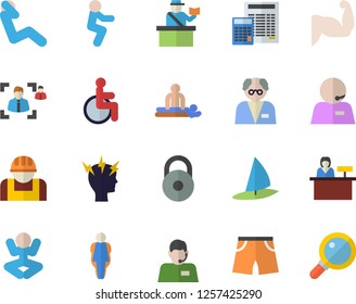 Color flat icon set calculator flat vector, construction worker, telephone operator, disabled, massage, headache, recruitment, phone, scientist, weight, muscles, athletic shorts, yoga, squats, size