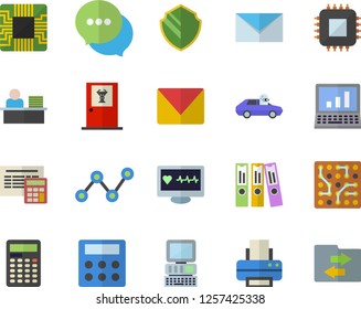 Color flat icon set calculator flat vector, autopilot, motherboard, scatter chart, chat, computer diagnostics of health, folder, office worker, printer, mail, electronic circuit, doctor's fector