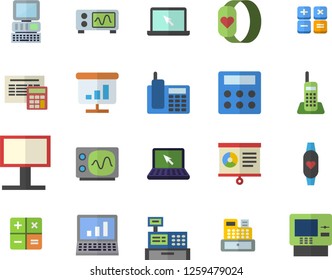 Color flat icon set calculator flat vector, billboard, cash machine, chart, telephone, laptop, computer, oscilloscope, fitness bracelet, dispenser fector