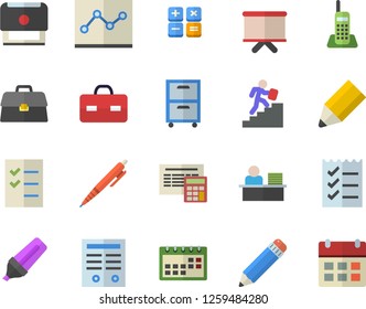 Color flat icon set calculator flat vector, marker, flipchart, briefcase, calendar, telephone, office worker, point diagram, to do list, pencil, archive, contract, stamp, career ladder, pen