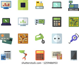 Color flat icon set calculator flat vector, spring balance, mixer, socket, credit card, cash machine, computer chart, laptop, robot hand, cpu, oscilloscope, electronic circuit, mobile