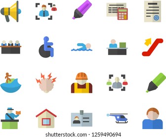 Color flat icon set calculator flat vector, construction worker, marker, disabled, helicopter, recruitment, office, meeting, contract, brainstorm, swimming, escalator fector, passport control, house
