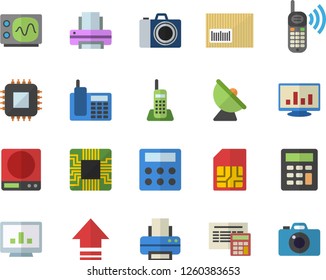Color flat icon set calculator flat vector, weighing machine, satellite antenna, motherboard, SIM card, phone call, barcode, computer chart, telephone, printer, oscilloscope, camera fector, upload