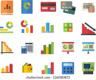 Color flat icon set calculator flat vector, crisis, chart, credit card, purse, statistics, book balance accounting, statistic, presentaition board, achievement, cash dispenser fector