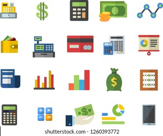Color flat icon set calculator flat vector, cash, credit card, dollar, investments, purse, wealth, statistics, scatter chart, news, machine, statistic, abacus, mobile
