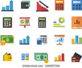 Color flat icon set calculator flat vector, crisis, chart, cash, purse, statistics, book balance accounting, statistic, achievement, credit card fector
