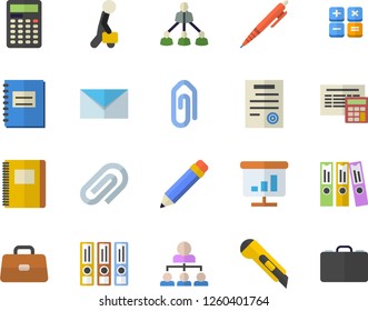 Color flat icon set calculator flat vector, stationery knife, briefcase, notebook, clip, chart, folder, hierarchy, contract, businessman, pen, mail, pencil, folders for papers, case