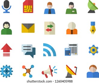 Color flat icon set calculator flat vector, cogwheel, satellite antenna, SIM card, person, telephone operator, mouthpiece, chat, molecules, ink pen, broadcast, upload, file sharing, envelope, user