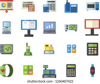 Color flat icon set calculator flat vector, microwave, billboard, cash machine, chart, telephone, computer, oscilloscope, fitness bracelet