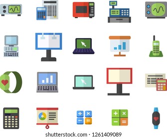 Color flat icon set calculator flat vector, microwave, billboard, cash machine, chart, telephone, laptop, computer, oscilloscope, fitness bracelet
