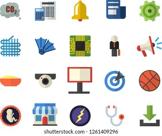 Color flat icon set calculator flat vector, porridge, cogwheel, fabric manufacture, carbon dioxide, motherboard, store front, billboard, news, mouthpiece, stethoscope, embryo, target, businessman