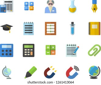 Color flat icon set calculator flat vector, magnet, marker, medical analysis, abacus, ink pen, notepad, globe, bachelor cap, notebook, scientist, beakers, clip