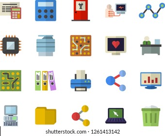 Color flat icon set calculator flat vector, motherboard, scatter chart, computer diagnostics of health, file, folder, office worker, printer, copy machine, laptop, electronic circuit, share