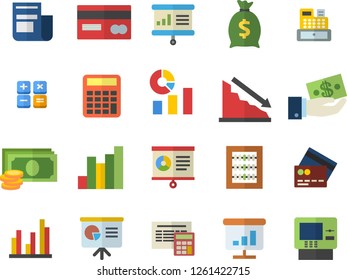 Color flat icon set calculator flat vector, crisis, chart, cash, credit card, investments, wealth, statistics, news, machine, statistic, abacus, presentaition board, fector, dispenser