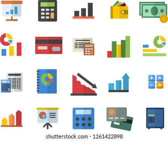 Color flat icon set calculator flat vector, crisis, chart, cash, credit card, purse, statistics, book balance accounting, presentaition board, achievement, safe fector