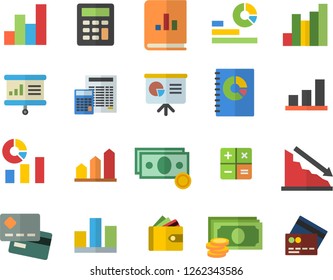 Color flat icon set calculator flat vector, crisis, chart, cash, credit card, purse, statistics, book balance accounting, statistic, presentaition board, achievement, fector
