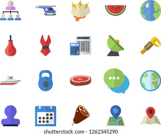Color flat icon set calculator flat vector, watermelon, ham, chop, trammel, earth, satellite antenna, chat, helicopter, calendar, hierarchy, stamp, brainstorm, weight, sports pear, swimsuit