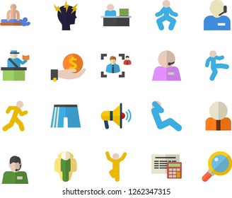 Color flat icon set calculator flat vector, person, investments, telephone operator, massage, headache, recruitment, phone, office worker, athletic shorts, gymnastics, swing press, run, lose weight