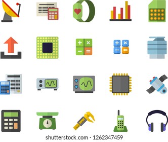 Color flat icon set calculator flat vector, weighing machine, trammel, satellite antenna, SIM card, statistic, telephone, copy, satellit, cpu, oscilloscope, fitness bracelet, upload, headset