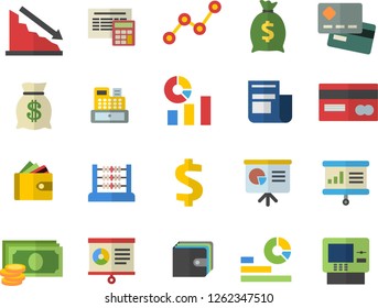 Color flat icon set calculator flat vector, crisis, cash, credit card, dollar, purse, wealth, statistics, scatter chart, news, machine, abacus, presentaition board, dispenser fector