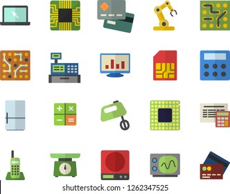 Color flat icon set calculator flat vector, weighing machine, mixer, fridge, motherboard, SIM card, credit, cash, computer chart, telephone, laptop, cpu, oscilloscope, industrial robot, fector