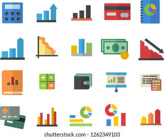 Color flat icon set calculator flat vector, crisis, chart, cash, credit card, purse, statistics, book balance accounting, statistic, presentaition board, achievement