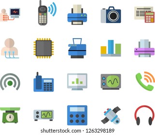 Color flat icon set calculator flat vector, weighing machine, phone call, diagnostics, computer chart, statistic, telephone, printer, copy, satellit, cpu, oscilloscope, camera fector, broadcast