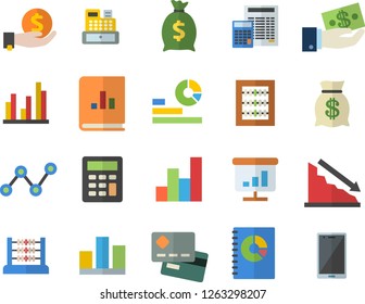 Color flat icon set calculator flat vector, crisis, credit card, investments, wealth, statistics, scatter chart, book balance accounting, cash machine, statistic, abacus, mobile