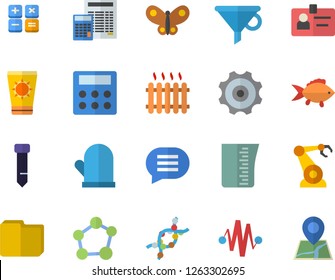 Color flat icon set calculator flat vector, meashuring cup, potholder, fish, butterflies, robotics, radiator, funnel, DNA, computer file, badge, tie, molecule, cogwheel, electric discharge fector