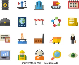 Color flat icon set calculator flat vector, barrier, oil production platform, pumping, tanks, manufactory, conveyor, construction worker, telephone operator, calendar, express delivery, molecules