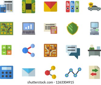 Color flat icon set calculator flat vector, autopilot, motherboard, scatter chart, chat, folder, office worker, mail, computer, electronic circuit, security fector, share, file sharing