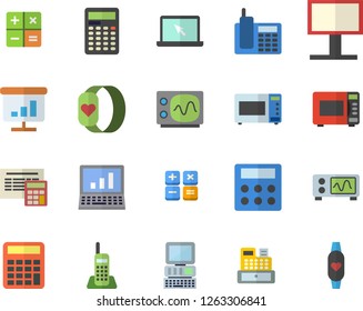 Color flat icon set calculator flat vector, microwave, billboard, cash machine, chart, telephone, laptop, computer, oscilloscope, fitness bracelet
