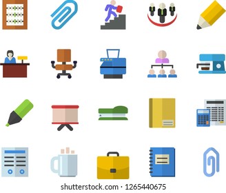 Color flat icon set calculator flat vector, coffee machine, case, marker, flipchart, notebook, clip, abacus, office chair, pencil, hierarchy, copy, contract, career ladder, stapler