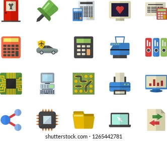 Color flat icon set calculator flat vector, autopilot, motherboard, computer diagnostics of health, drawing pin, chart, file, folder, printer, copy machine, laptop, electronic circuit, share