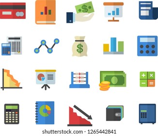 Color flat icon set calculator flat vector, crisis, cash, credit card, investments, purse, wealth, scatter chart, news, book balance accounting, statistic, abacus, presentaition board, safe fector