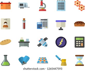 Color flat icon set calculator flat vector, flooring, turk, bread, pie, chemistry, accumulator, flipchart, blood test, office worker, microscope, notepad, satellit, lightning, cogwheel, hourglass