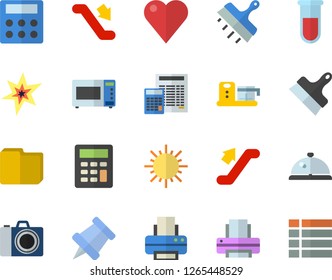 Color flat icon set calculator flat vector, putty knife, microwave, food processor, sun, blood test, heart, computer file, printer, spark, pushpin, escalator fector, camera, jingle, menu