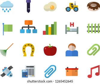 Color flat icon set calculator flat vector, fence, tomato, donut, scrambled eggs, horseshoe, tractor, rake, rain, accumulator, hierarchy, chart, flag, hospital bed, clip, tie, satellit, user, note