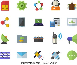 Color flat icon set calculator flat vector, cogwheel, satellite antenna, SIM card, telephone operator, phone call, molecules, computer chart, meeting, paper tray, laptop, mail, satellit, share, chat