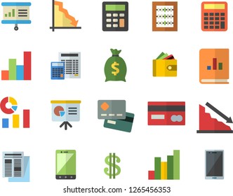 Color flat icon set calculator flat vector, crisis, chart, credit card, dollar, purse, wealth, statistics, news, book balance accounting, abacus, presentaition board, mobile