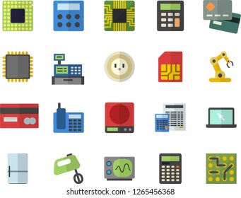 Color flat icon set calculator flat vector, weighing machine, mixer, fridge, socket, motherboard, SIM card, credit, cash, telephone, laptop, cpu, oscilloscope, industrial robot, electronic circuit
