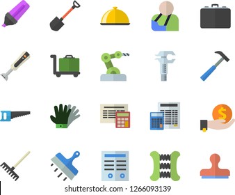 Color flat icon set calculator flat vector, putty knife, hammer, blender, dish, shovel, saw, rake, gloves, trammel, case, marker, investments, injury, contract, industrial robot, carpal expander