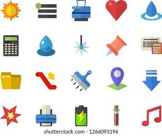 Color flat icon set calculator flat vector, putty knife, sun, battery, drop, laser, location, blood test, heart, computer file, printer, copy machine, spark, pushpin, escalator fector, menu, note