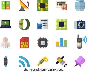 Color flat icon set calculator flat vector, trammel, satellite antenna, motherboard, SIM card, phone call, diagnostics, statistic, copy machine, laptop, satellit, cpu, fitness bracelet, broadcast