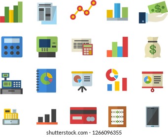 Color flat icon set calculator flat vector, chart, credit card, investments, wealth, statistics, scatter, news, book balance accounting, cash machine, statistic, abacus, presentaition board, mobile