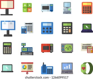 Color flat icon set calculator flat vector, microwave, billboard, cash machine, chart, telephone, laptop, computer, oscilloscope, fitness bracelet